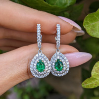 0.76 Ct.Tw. Emerald Natural Diamond Pave Earrings, 18K White Gold Image