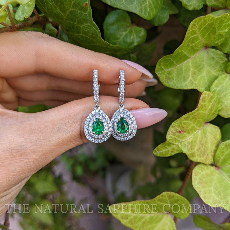 0.76 Ct.Tw. Emerald Natural Diamond Pave Earrings, 18K White Gold