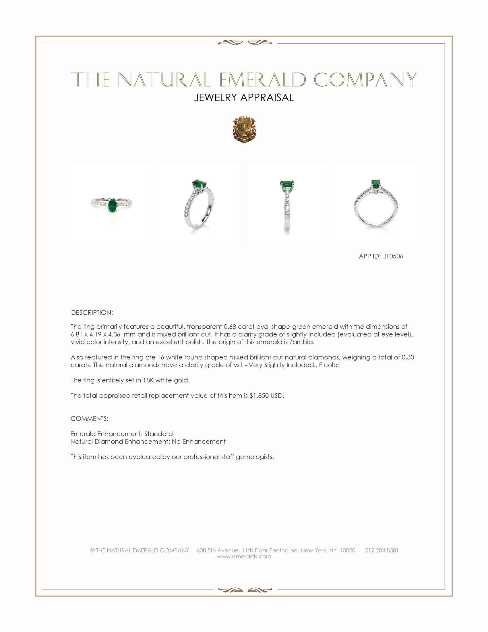 0.68 Ct. Emerald and Natural Diamond Pave Ring, 18K White Gold