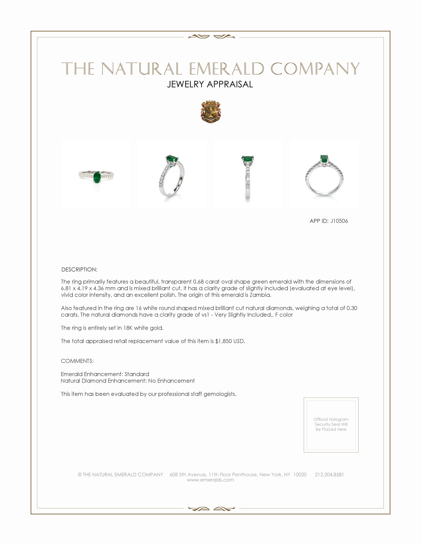 0.68 Ct. Emerald Natural Diamond Pave Ring, 18K White Gold