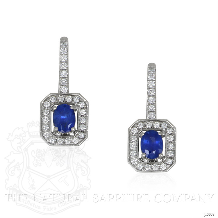 0.72 Ct.Tw. Blue Sapphire and Natural Diamond Pave Earrings, 18K White Gold