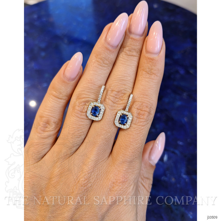 0.72 Ct.Tw. Blue Sapphire and Natural Diamond Pave Earrings, 18K White Gold