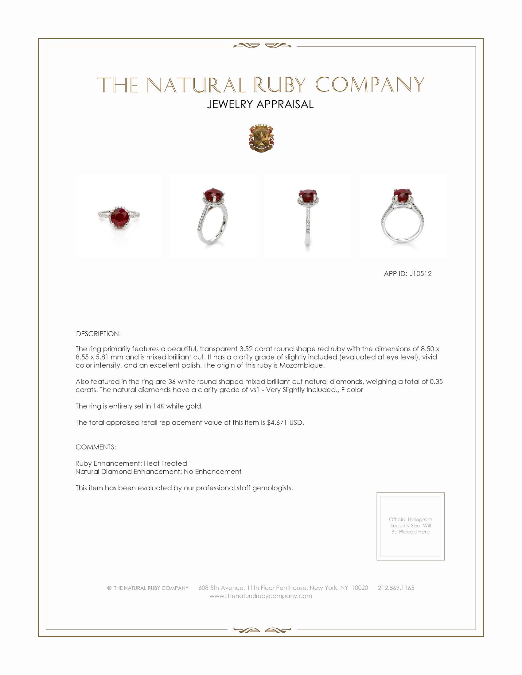 3.52 Ct. Ruby and Natural Diamond Pave Ring, 14K White Gold