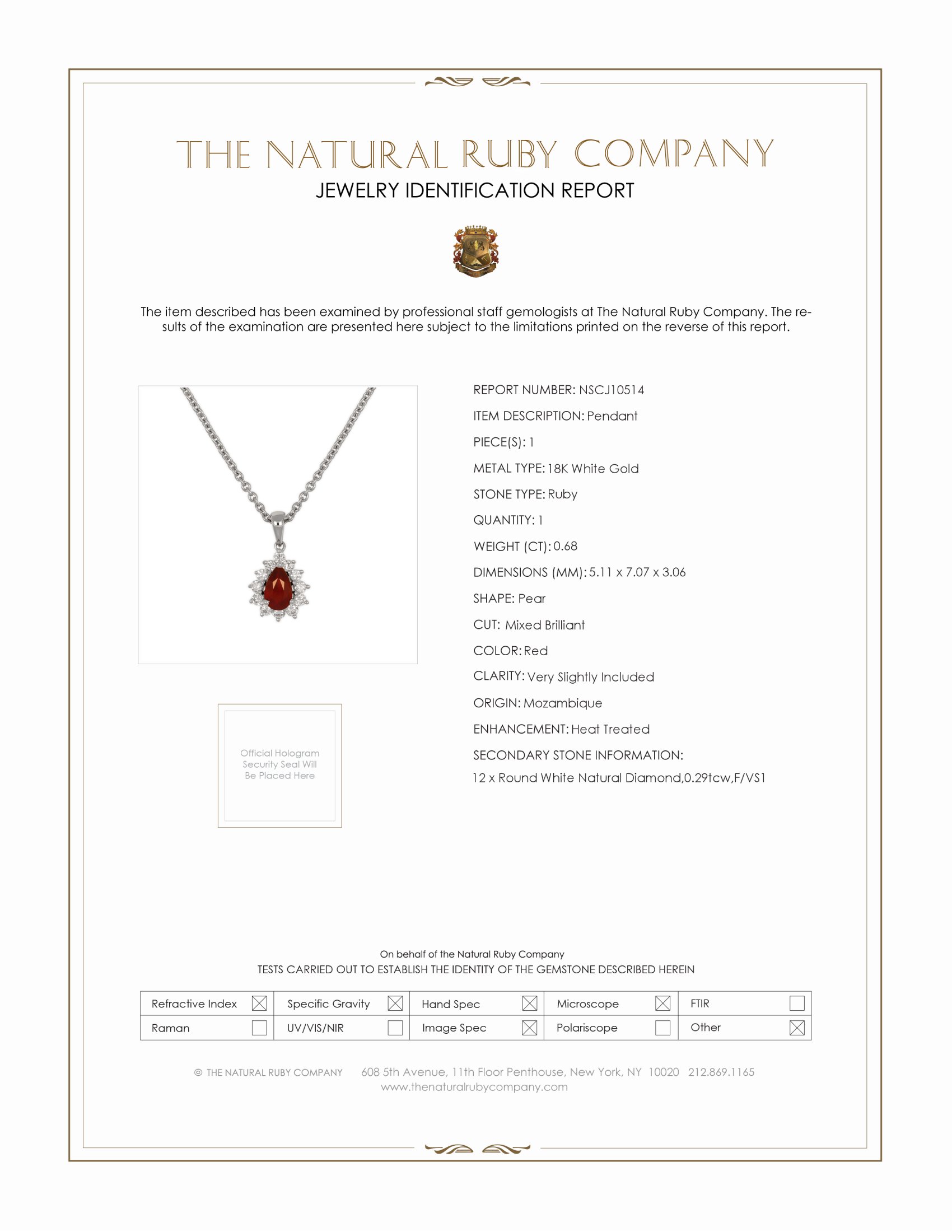 0.68 Ct. Ruby and Natural Diamond Halo Pendant, 18K White Gold