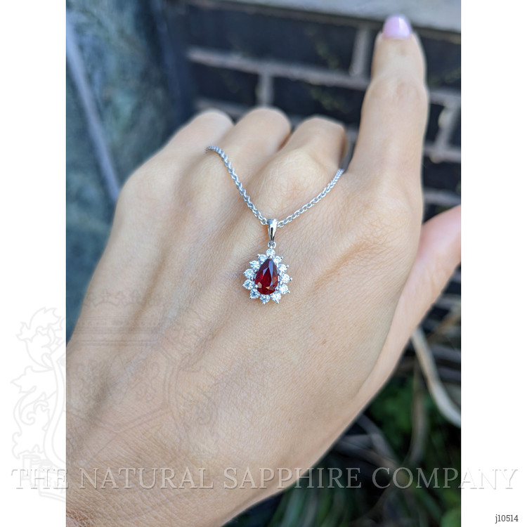 0.68 Ct. Ruby Natural Diamond Halo Pendant, 18K White Gold