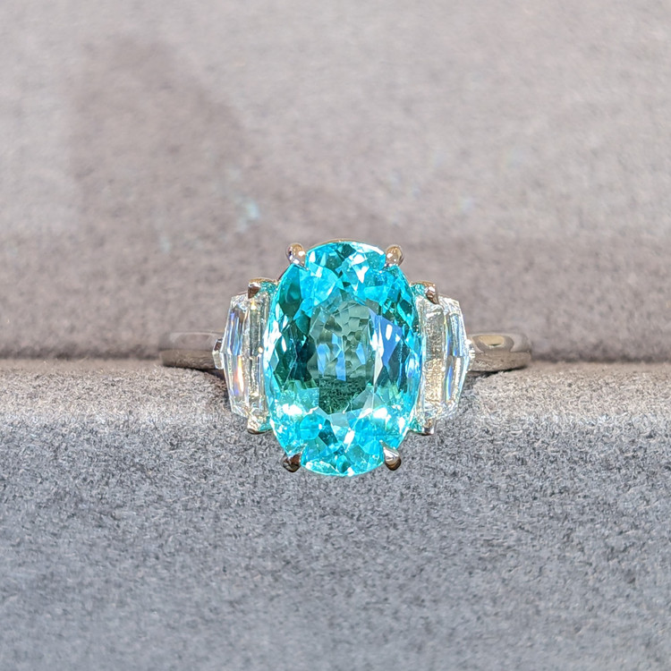 2.88 Ct. Paraiba Tourmaline Natural Diamond Three Stone Ring, Platinum 950