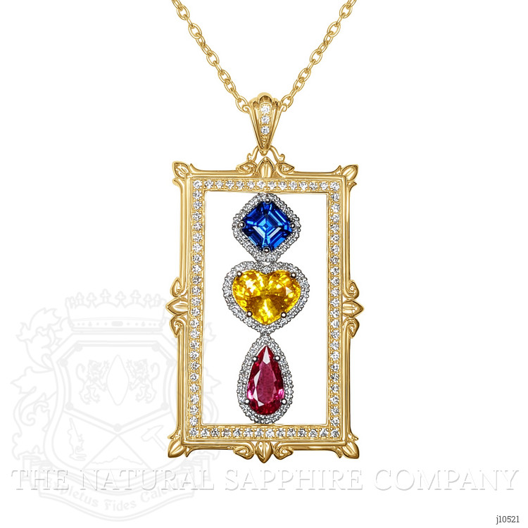 0.72 Ct. Mixed Sapphire and Natural Diamond Antique Style Pendant, 18K Yellow Gold
