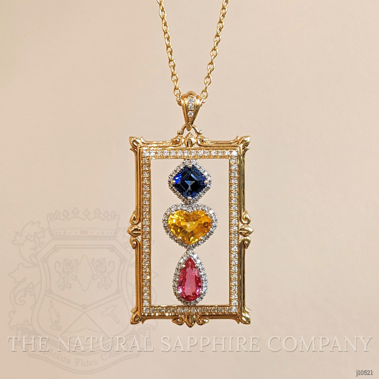 0.72 Ct. Mixed Sapphire and Natural Diamond Antique Style Pendant, 18K Yellow Gold