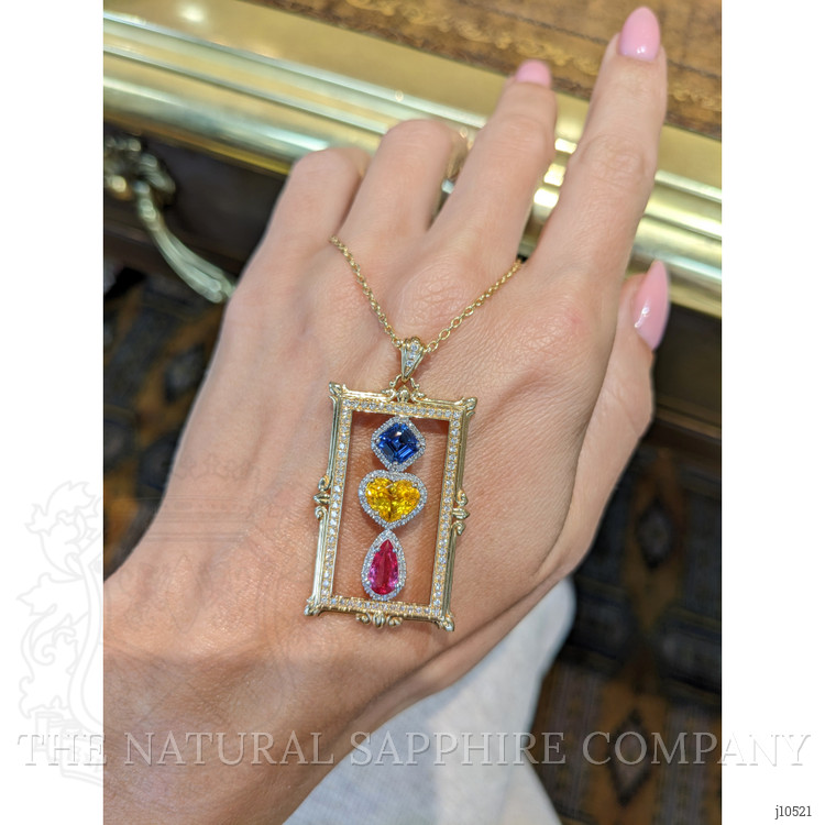 0.72 Ct. Mixed Sapphire and Natural Diamond Antique Style Pendant, 18K Yellow Gold