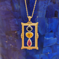 0.72 Ct. Mixed Sapphire and Natural Diamond Antique Style Pendant, 18K Yellow Gold Life Style