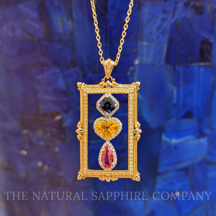 0.72 Ct. Mixed Sapphire and Natural Diamond Antique Style Pendant, 18K Yellow Gold