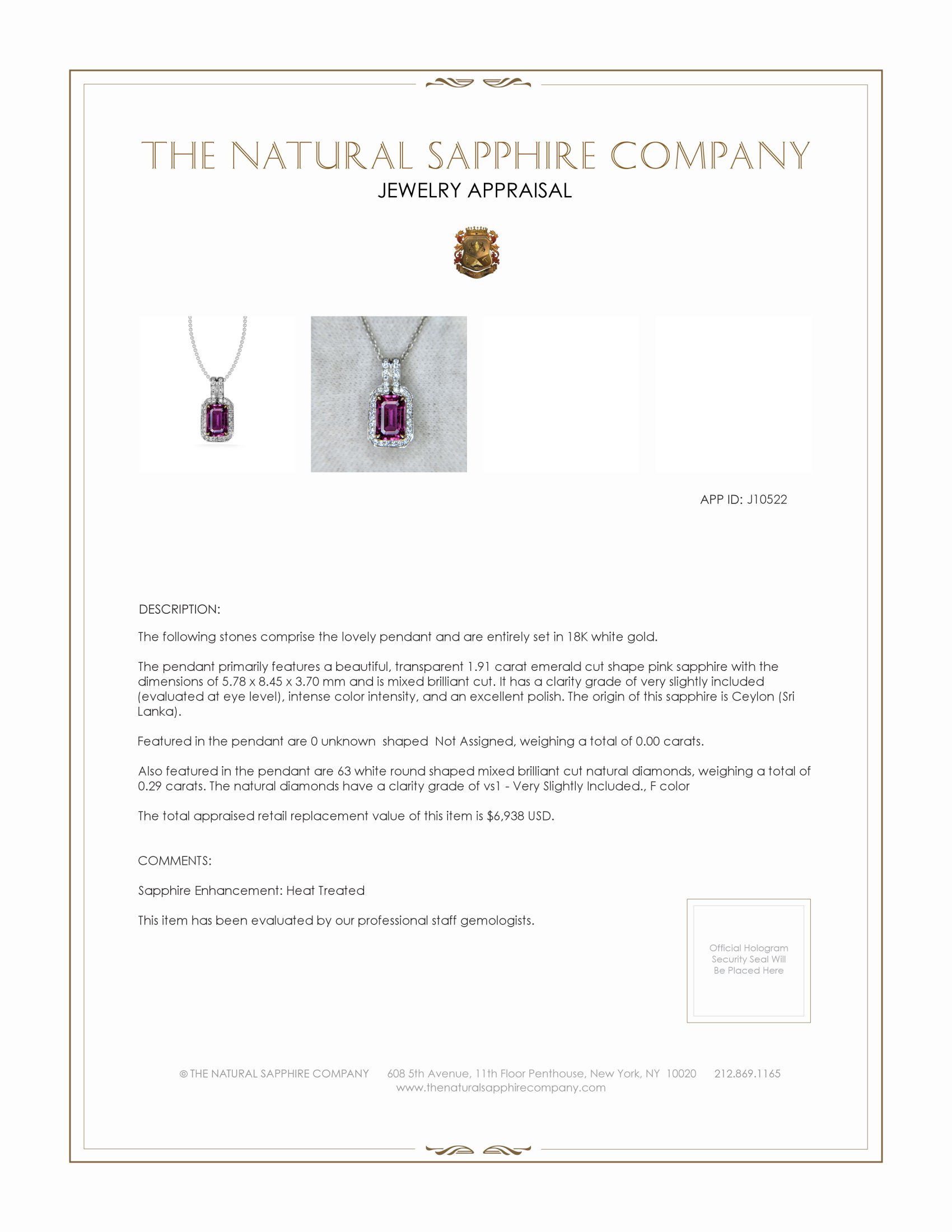 1.91 Ct. Pink Sapphire and Natural Diamond Pave Pendant, 18K White Gold
