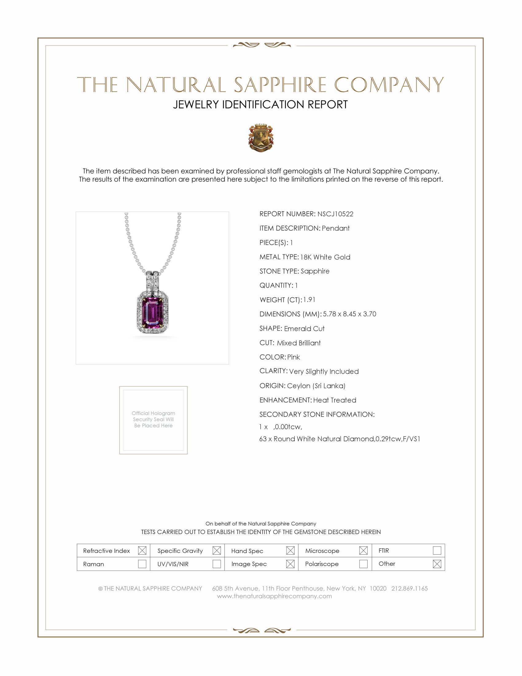1.91 Ct. Pink Sapphire and Natural Diamond Pave Pendant, 18K White Gold