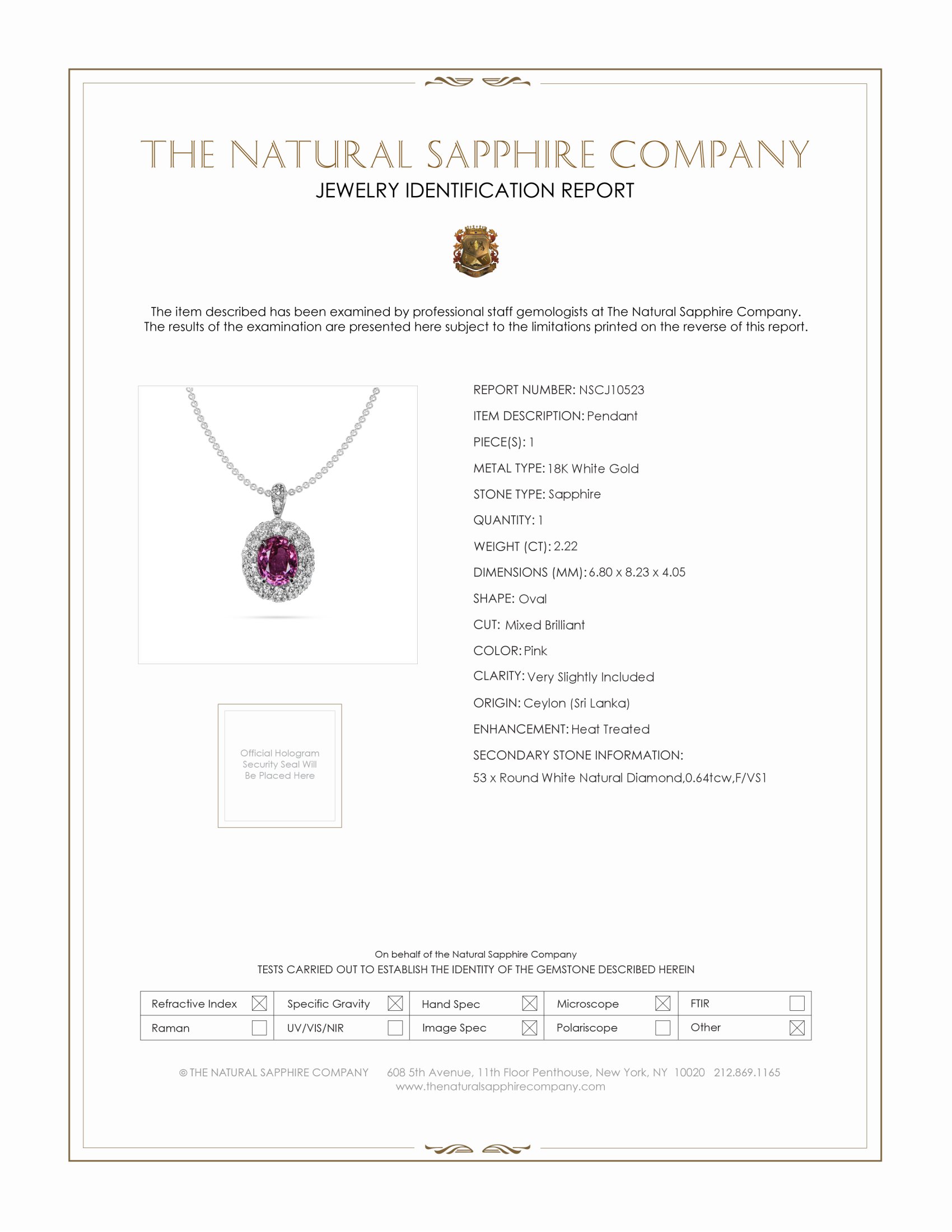 2.22 Ct. Pink Sapphire and Natural Diamond Pave Pendant, 18K White Gold
