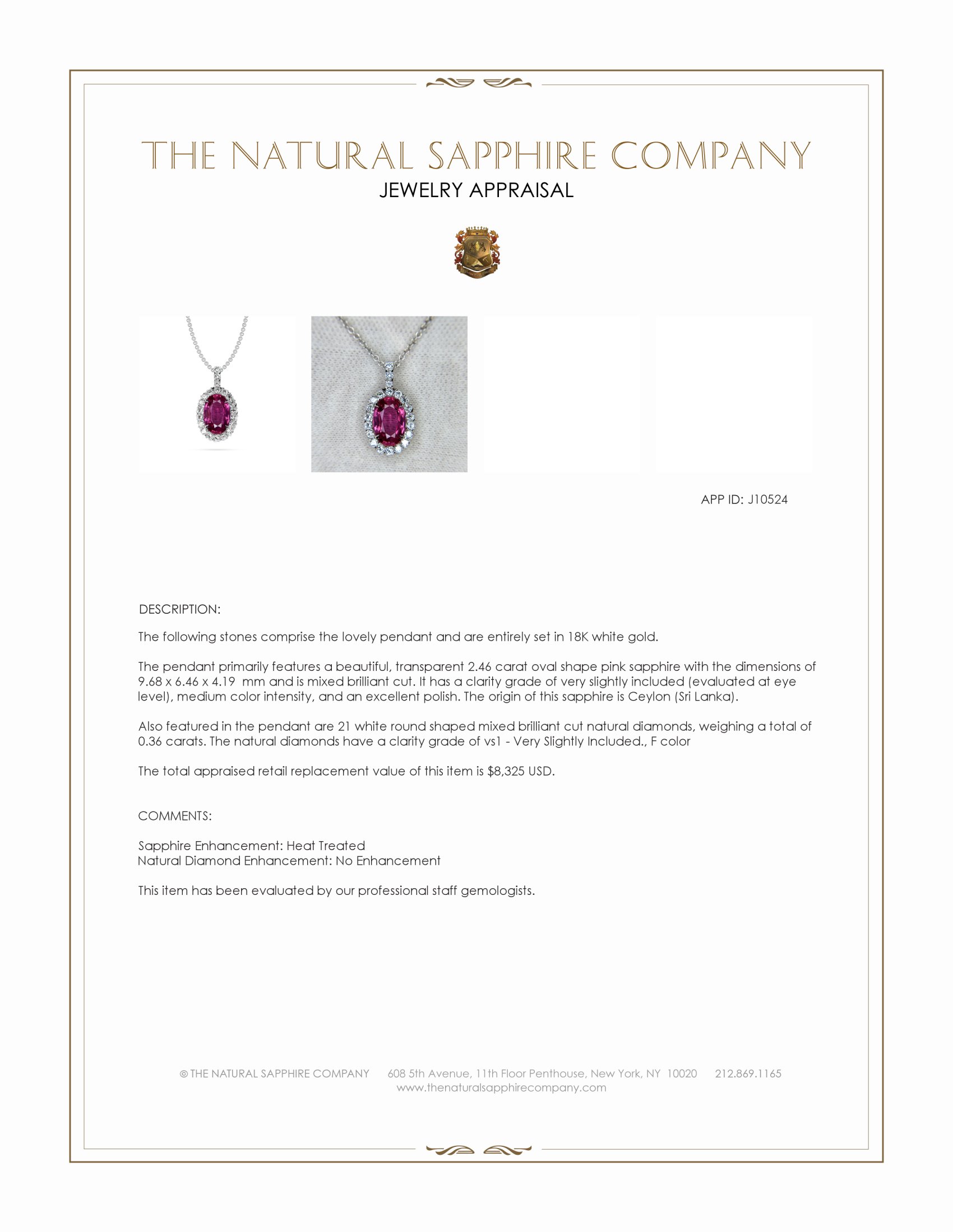 2.46 Ct. Pink Sapphire and Natural Diamond Pave Pendant, 18K White Gold
