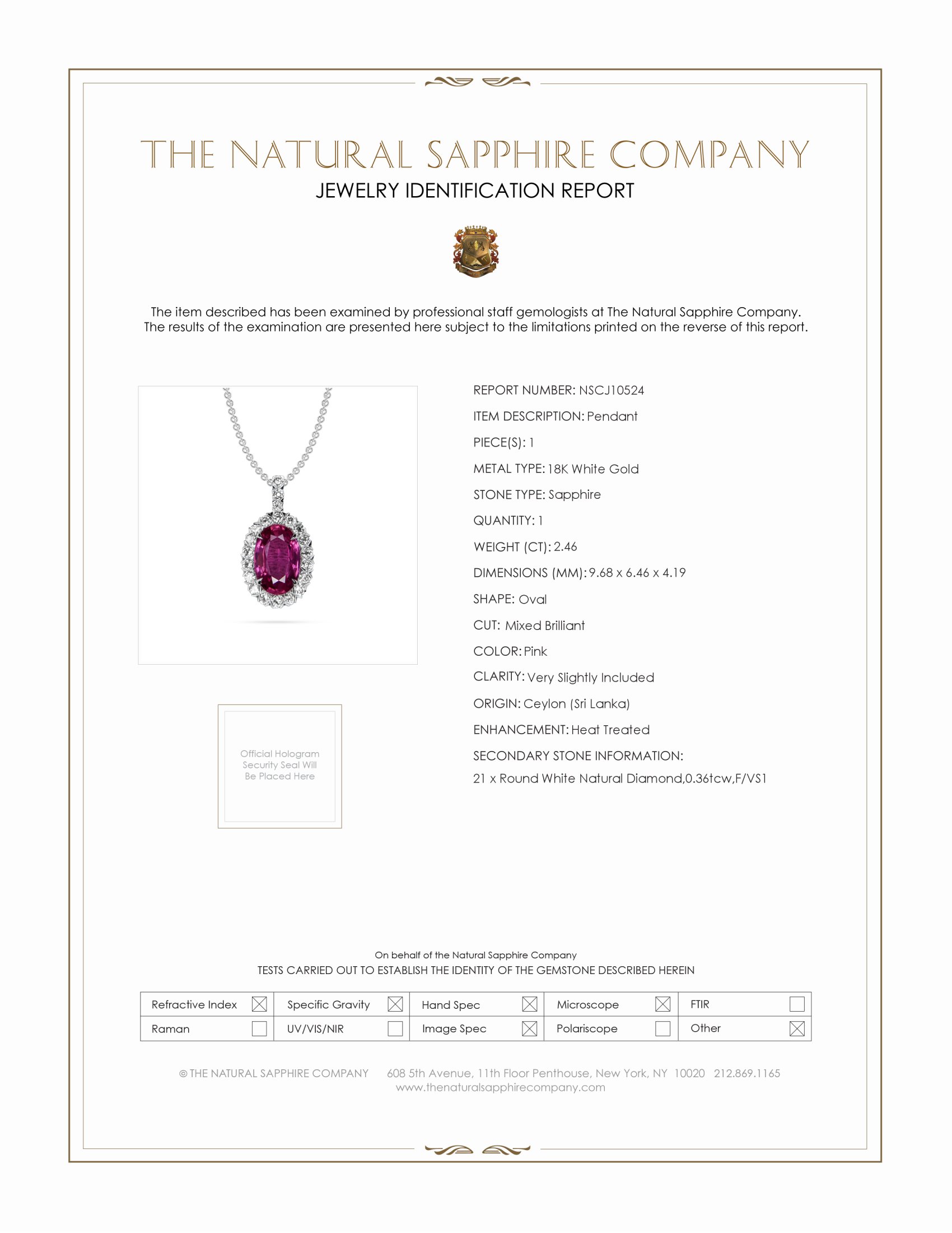 2.46 Ct. Pink Sapphire and Natural Diamond Pave Pendant, 18K White Gold