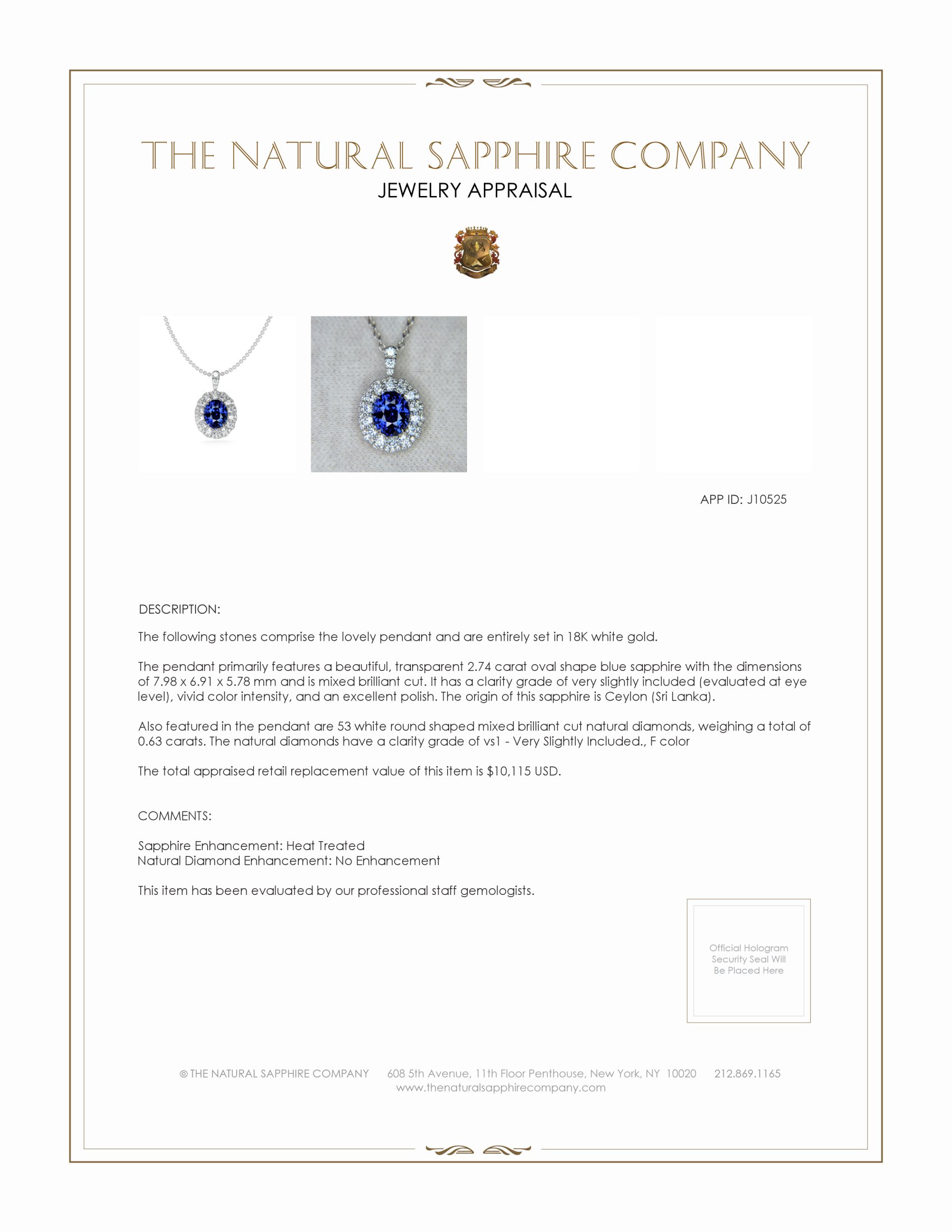 2.74 Ct. Blue Sapphire and Natural Diamond Pave Pendant, 18K White Gold