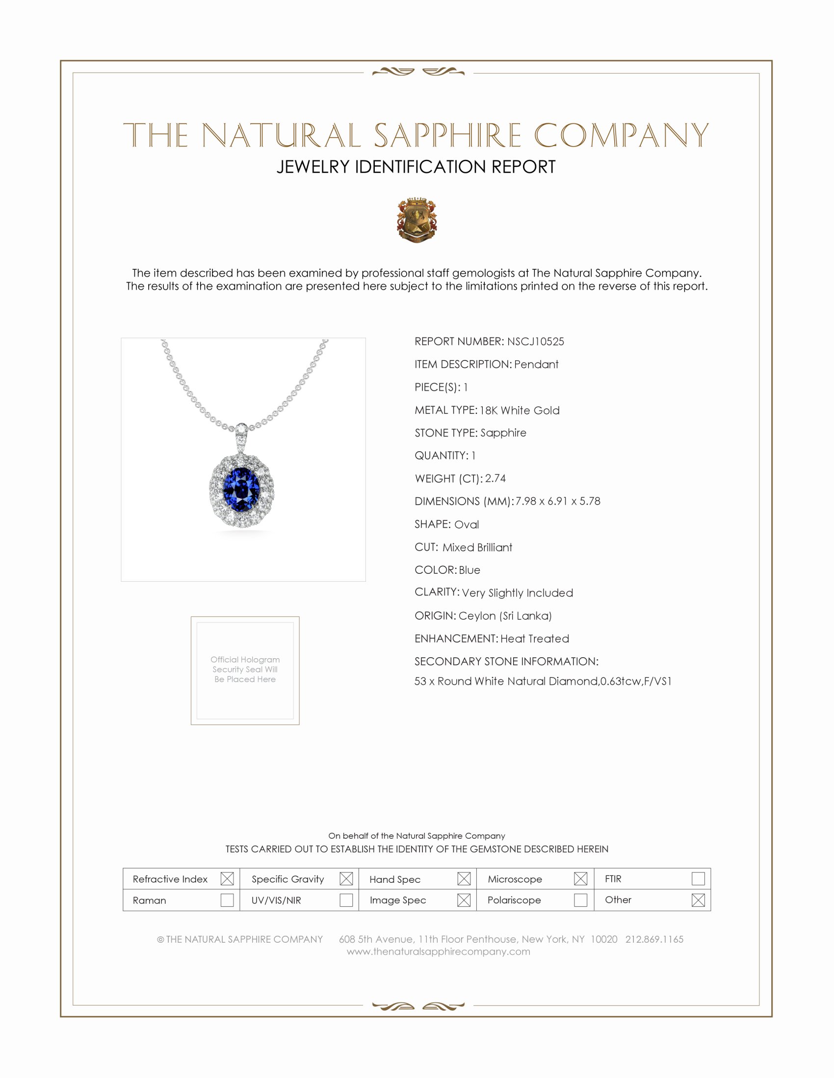 2.74 Ct. Blue Sapphire and Natural Diamond Pave Pendant, 18K White Gold