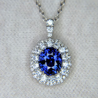 2.74 Ct. Blue Sapphire and Natural Diamond Pave Pendant, 18K White Gold Image