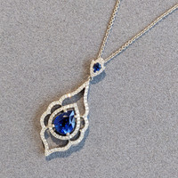 3.01 Ct. Blue Sapphire and Natural Diamond Pave Pendant, 18K White Gold Image