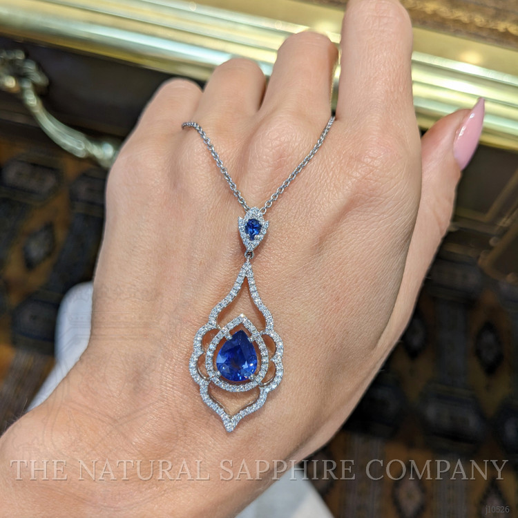 3.01 Ct. Blue Sapphire and Natural Diamond Pave Pendant, 18K White Gold
