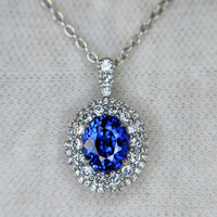 2.26 Ct. Blue Sapphire and Natural Diamond Pave Pendant, 18K White Gold Image