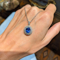2.26 Ct. Blue Sapphire and Natural Diamond Pave Pendant, 18K White Gold Life Style