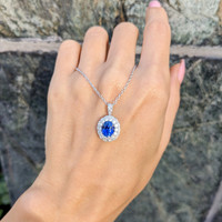2.26 Ct. Blue Sapphire and Natural Diamond Pave Pendant, 18K White Gold Life Style