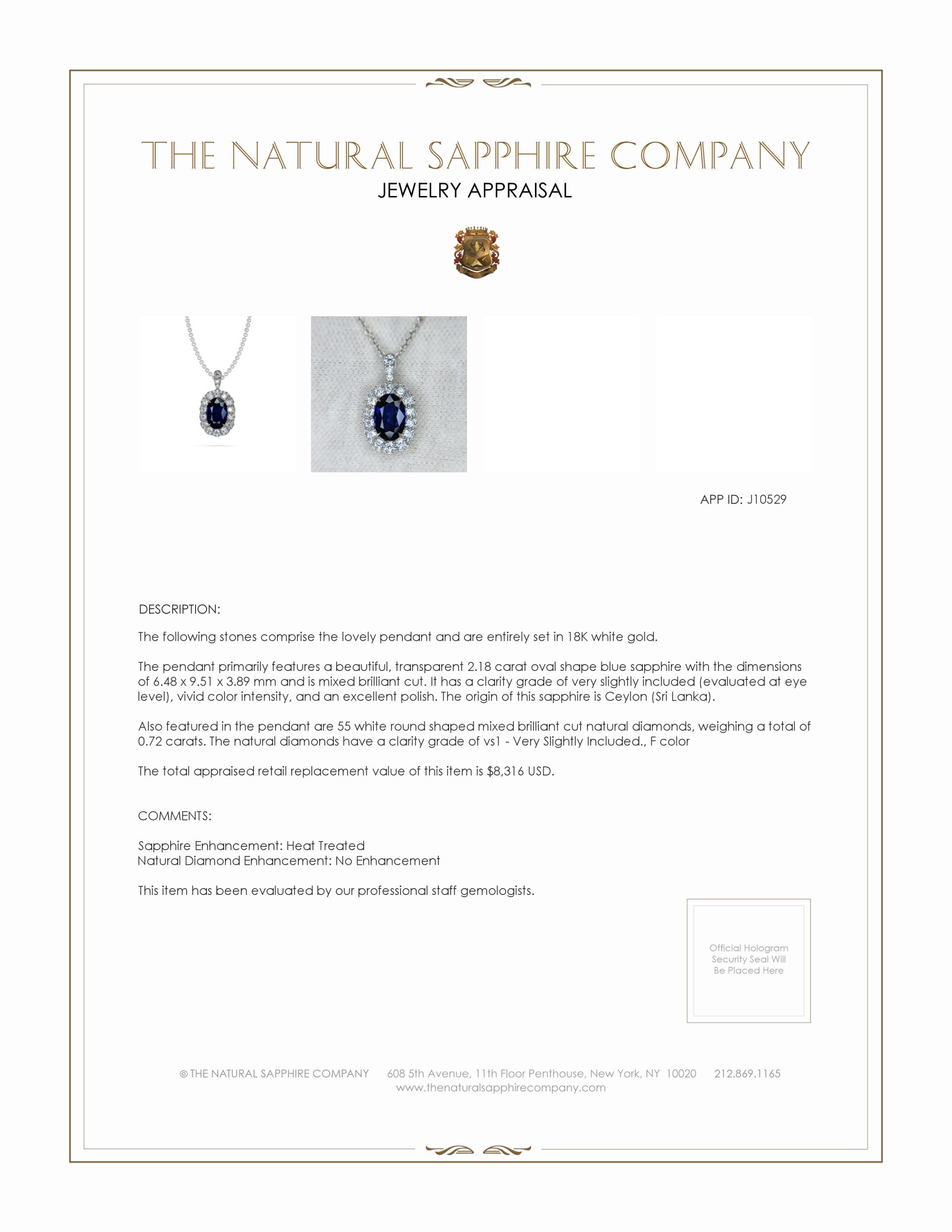 2.18 Ct. Blue Sapphire and Natural Diamond Pave Pendant, 18K White Gold