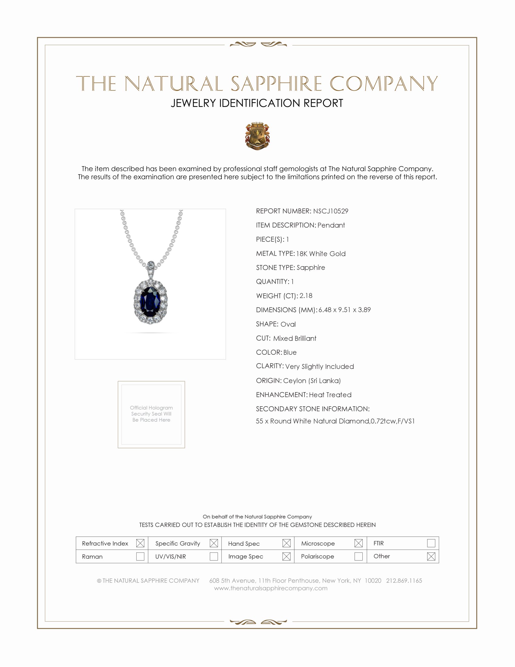 2.18 Ct. Blue Sapphire and Natural Diamond Pave Pendant, 18K White Gold