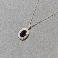 2.18 Ct. Blue Sapphire and Natural Diamond Pave Pendant, 18K White Gold Life Style