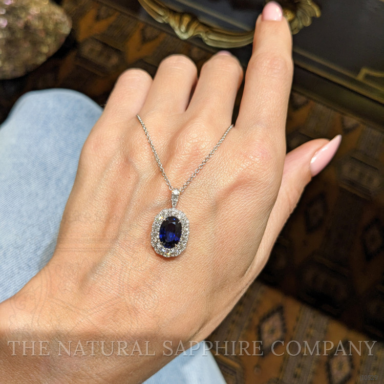 2.18 Ct. Blue Sapphire and Natural Diamond Pave Pendant, 18K White Gold