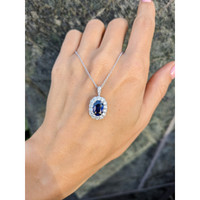 2.18 Ct. Blue Sapphire and Natural Diamond Pave Pendant, 18K White Gold Life Style