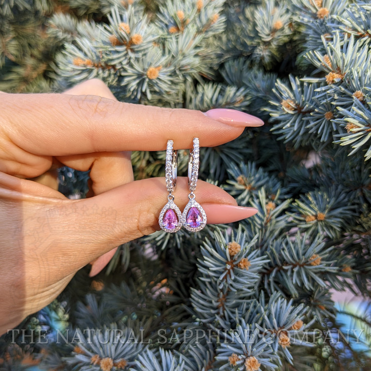 0.90 Ct.Tw. Pink Sapphire and Natural Diamond Pave Earrings, 14K White Gold