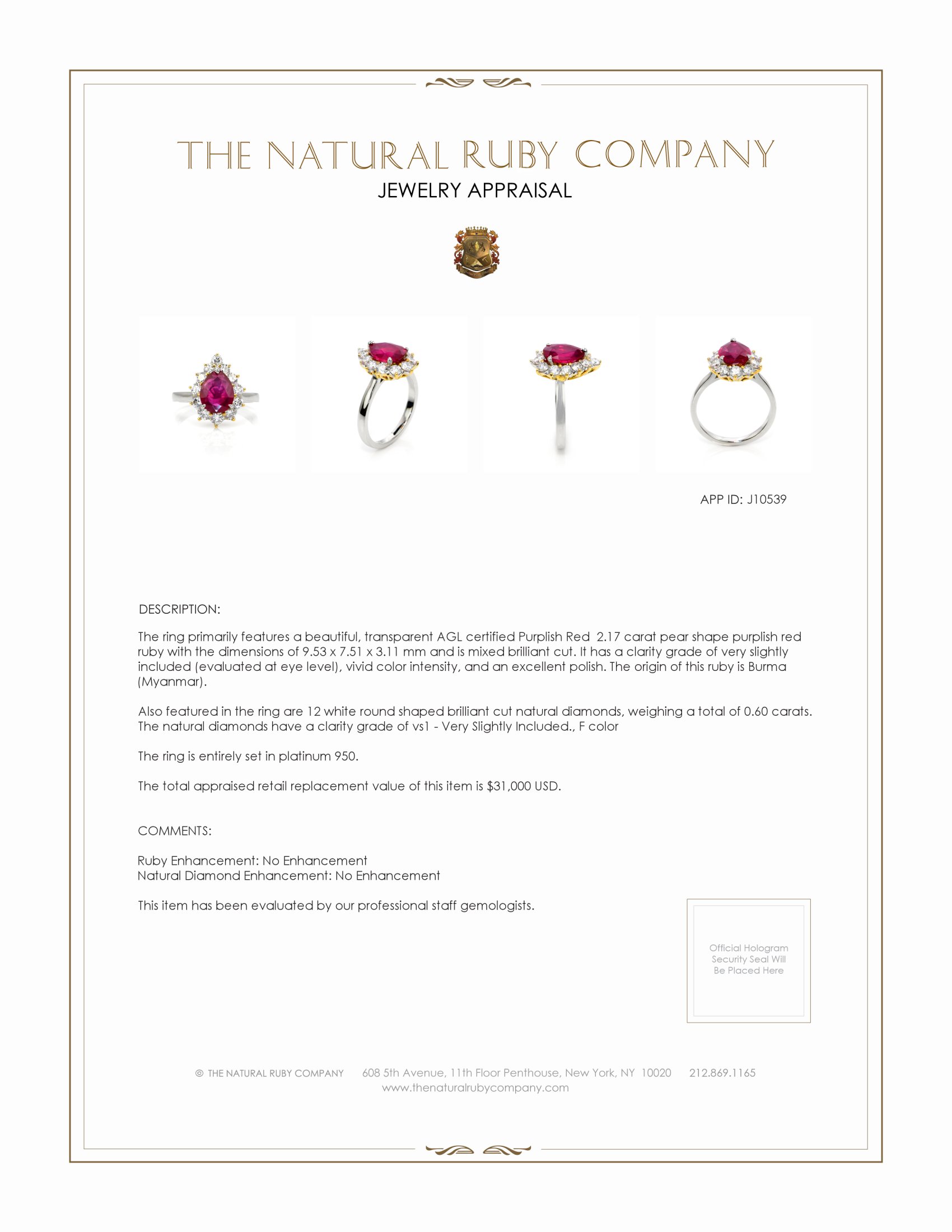 2.17 Ct. Purplish Red Ruby and Natural Diamond Halo Ring, Platinum 950