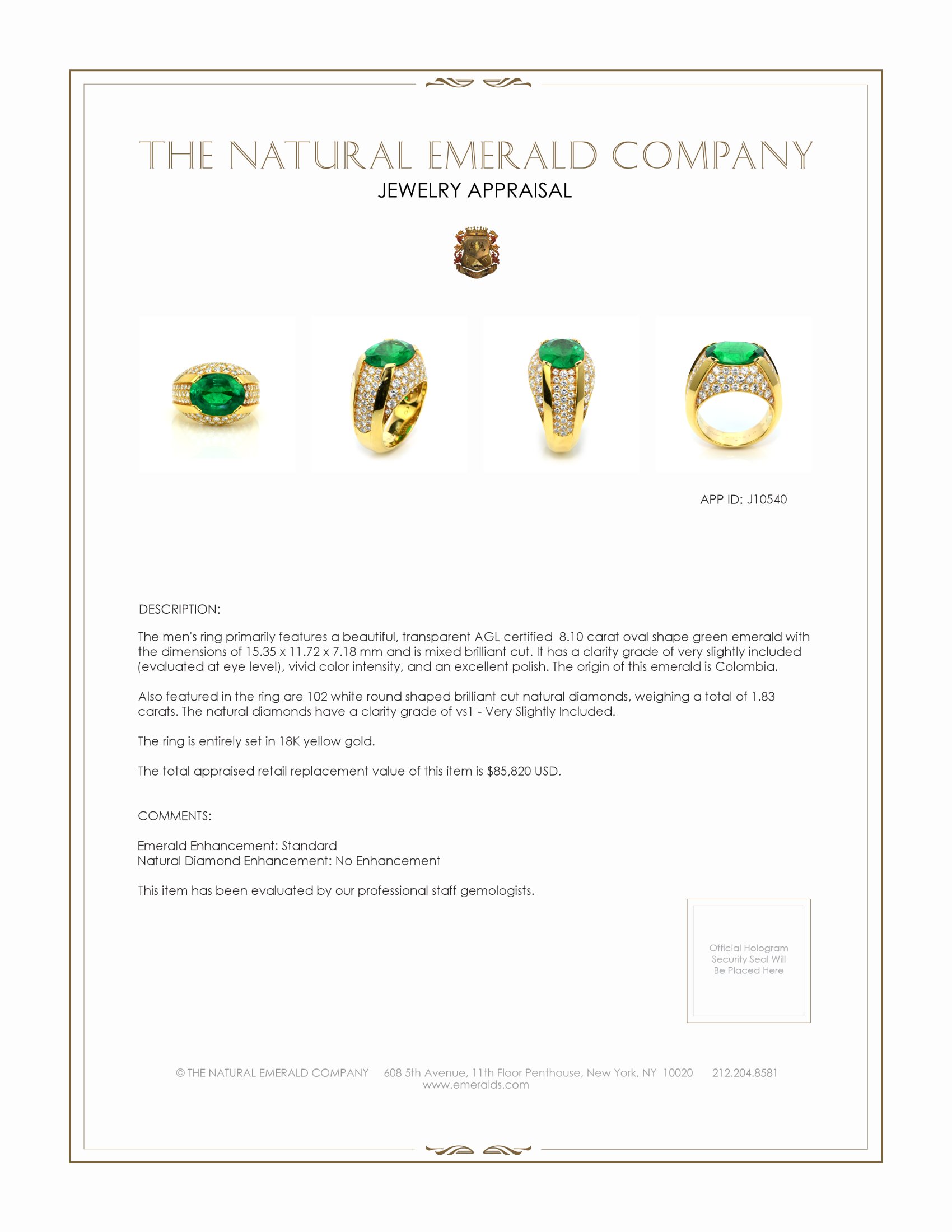 8.10 Ct. Emerald and Natural Diamond Men's Ring, 18K Yellow Gold