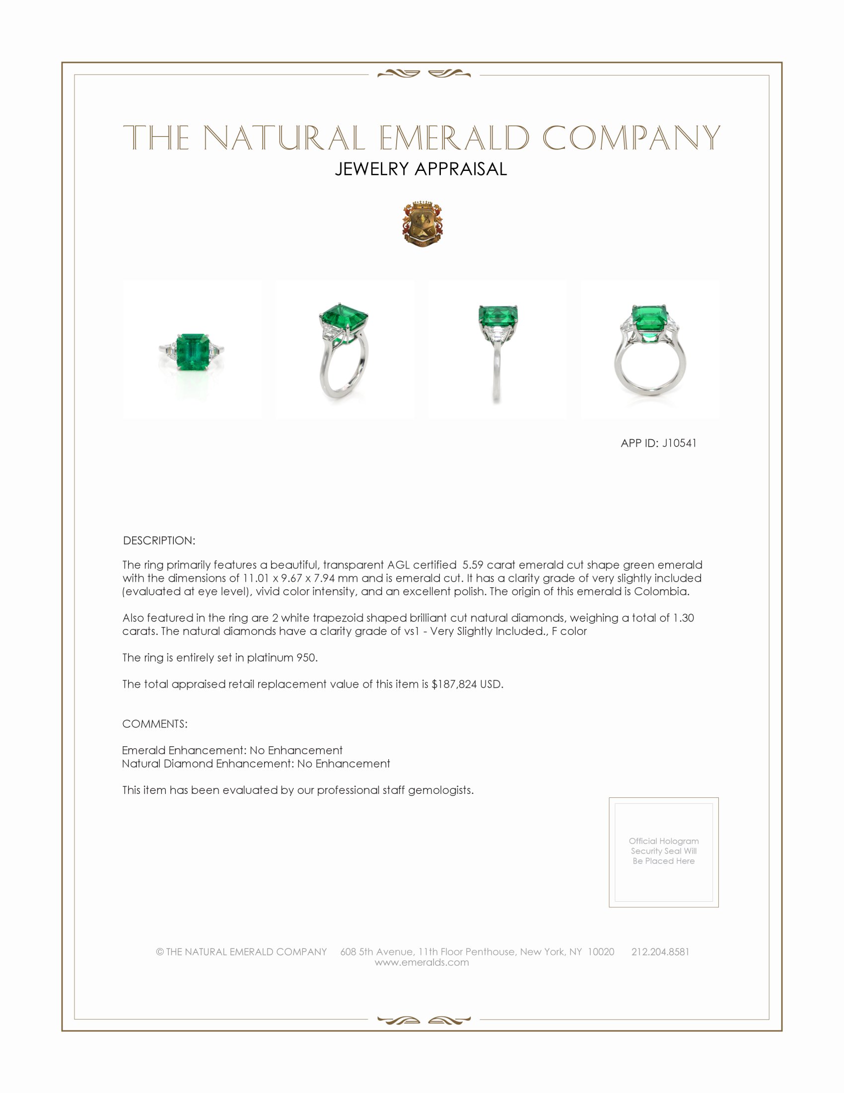 5.59 Ct. Emerald and Natural Diamond Three Stone Ring, Platinum 950