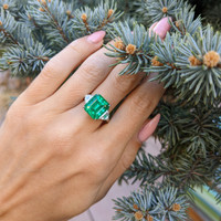 5.59 Ct. Emerald Natural Diamond Three Stone Ring, Platinum 950 Life Style