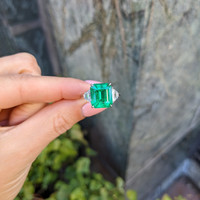 5.59 Ct. Emerald Natural Diamond Three Stone Ring, Platinum 950 Life Style