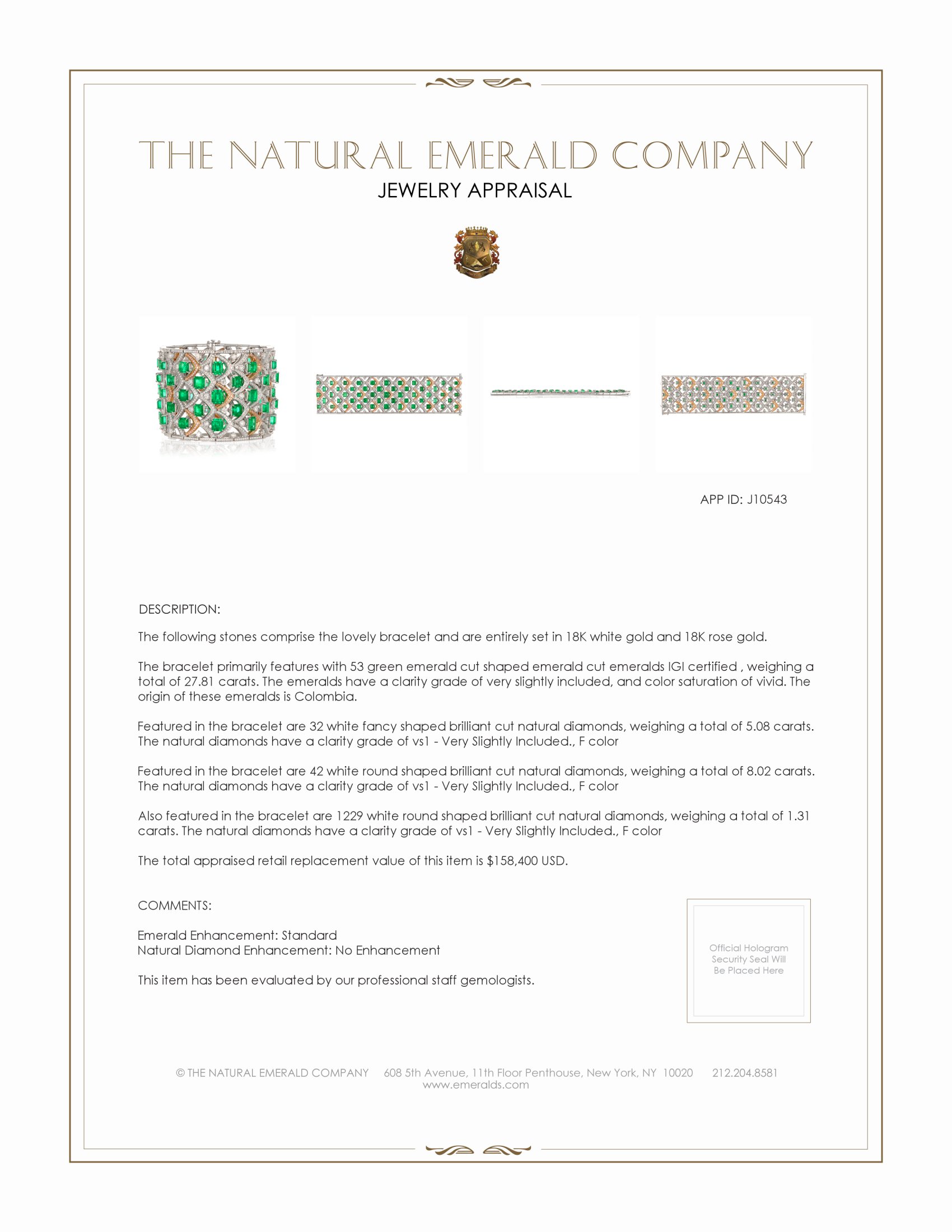 27.81 Ct.Tw. Emerald and Natural Diamond Pave Bracelet, 18K White & Rose