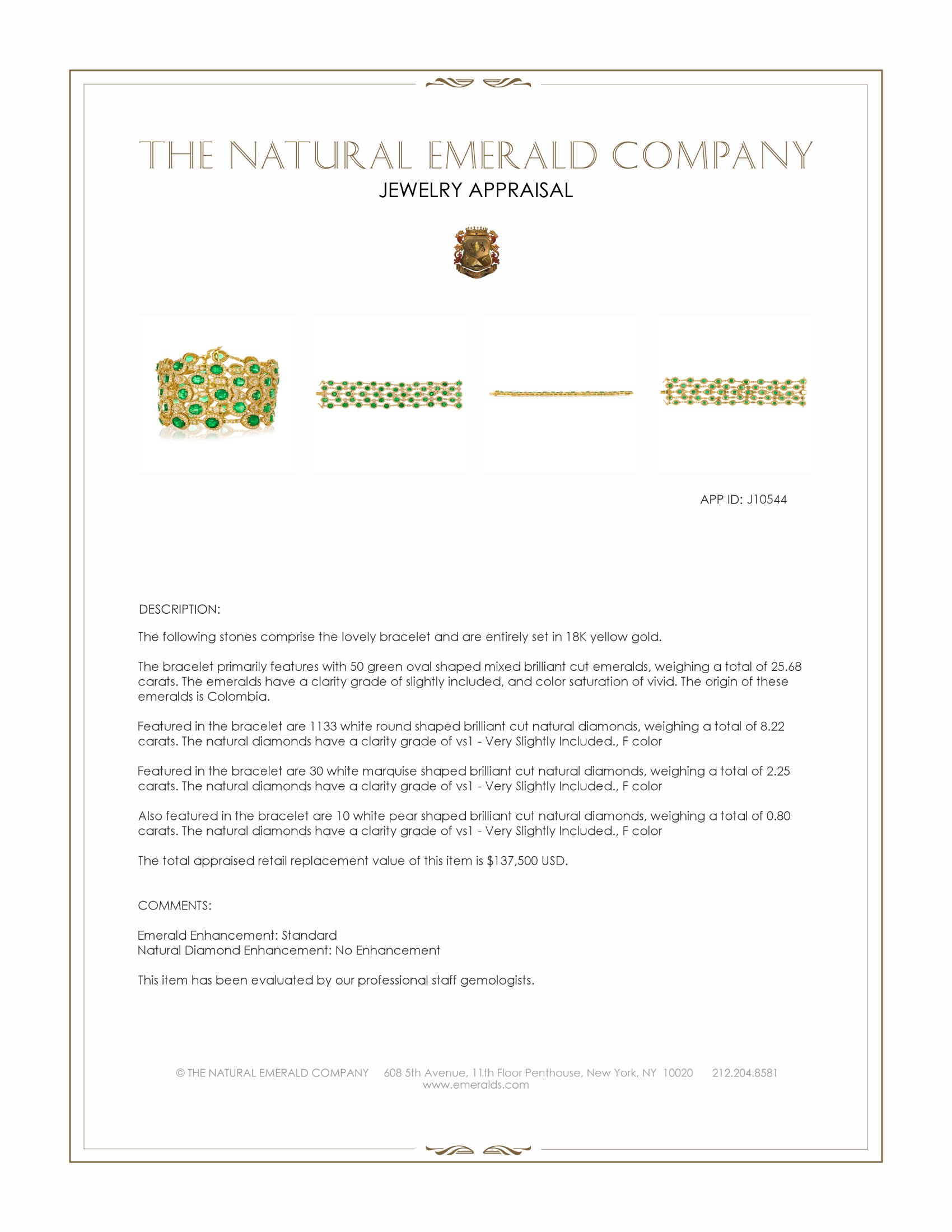 25.68 Ct.Tw. Emerald and Natural Diamond Pave Bracelet, 18K Yellow Gold