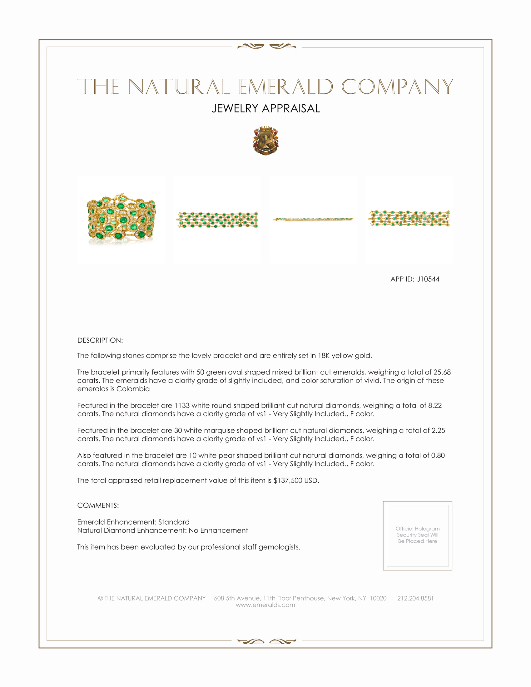 25.68 Ct.Tw. Emerald Natural Diamond Pave Bracelet, 18K Yellow Gold