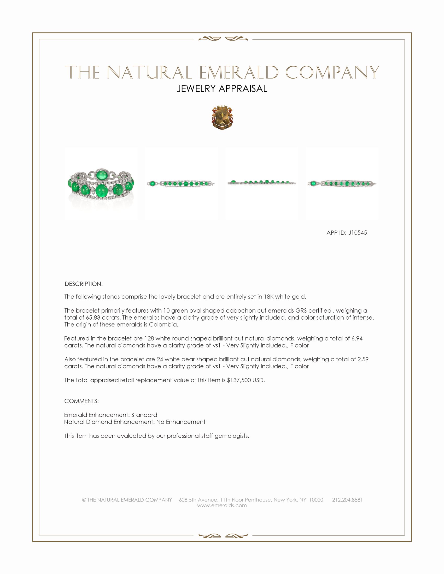 65.83 Ct.Tw. Emerald and Natural Diamond Pave Bracelet, 18K White Gold
