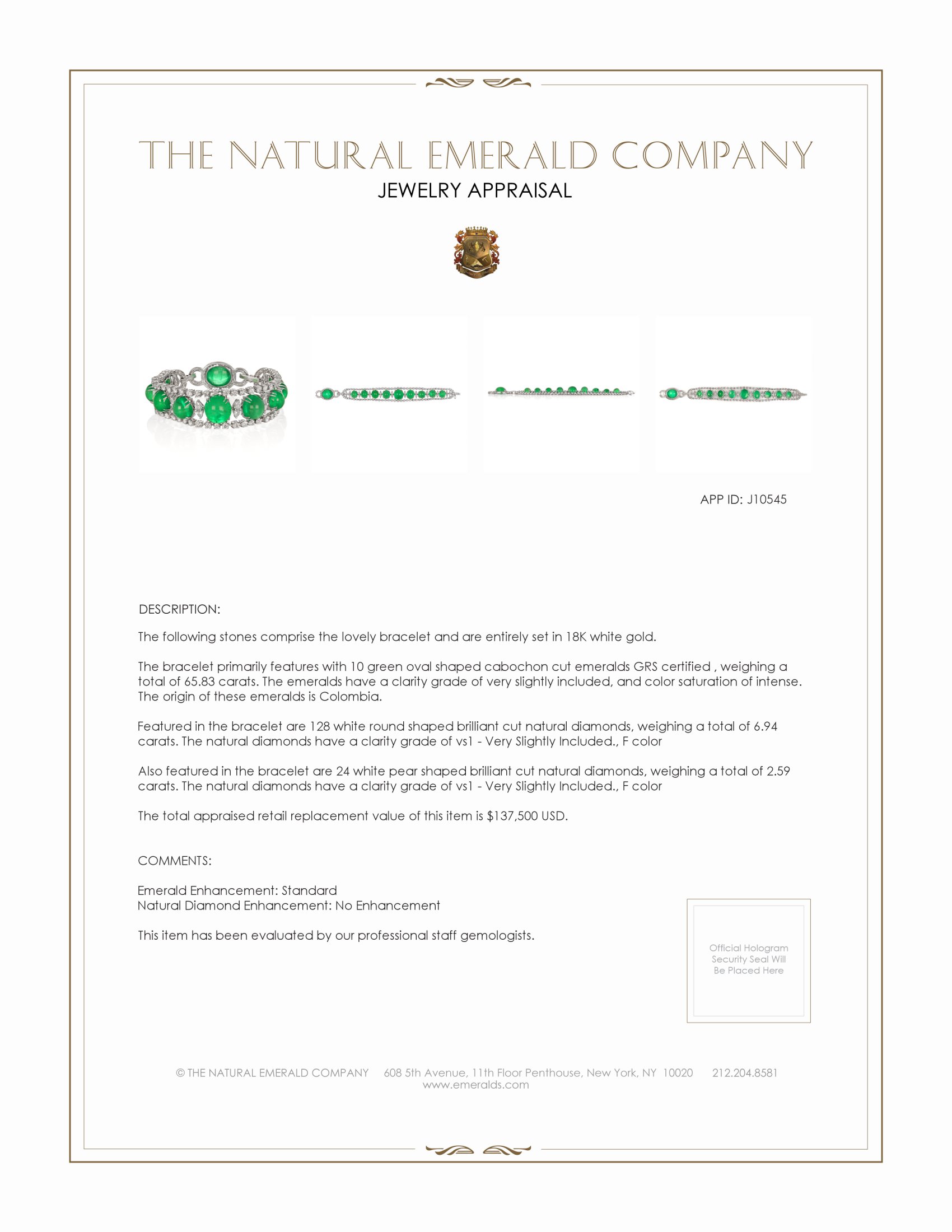 65.83 Ct.Tw. Emerald Natural Diamond Pave Bracelet, 18K White Gold