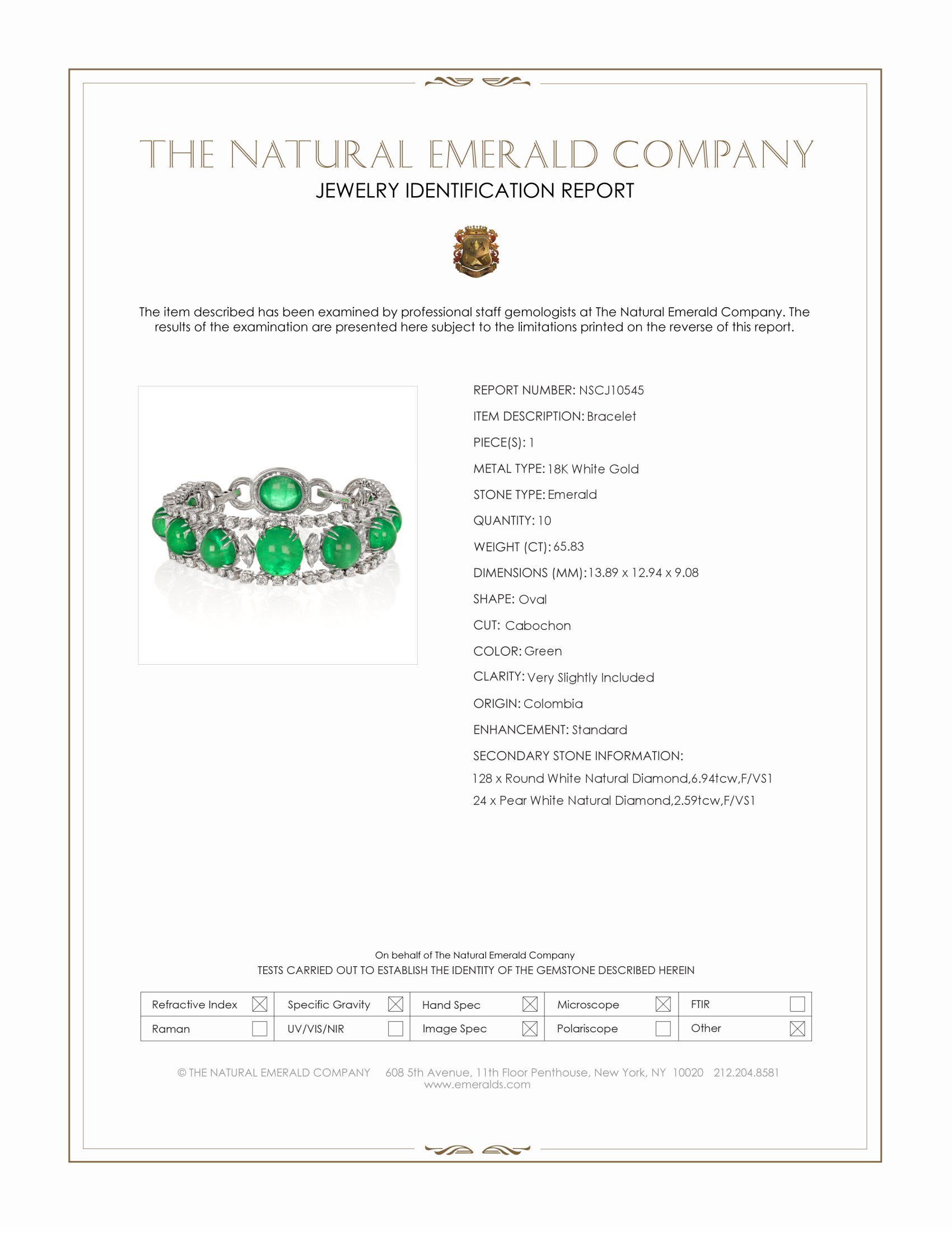 65.83 Ct.Tw. Emerald and Natural Diamond Pave Bracelet, 18K White Gold