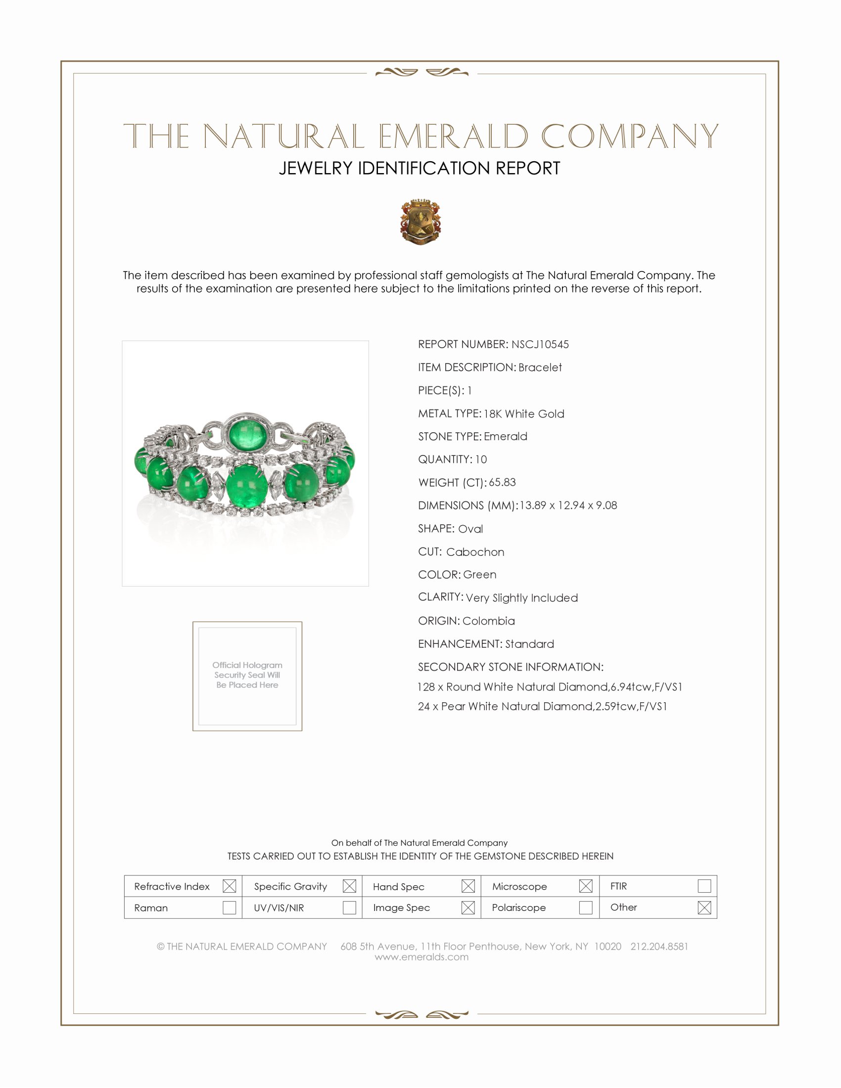 65.83 Ct.Tw. Emerald Natural Diamond Pave Bracelet, 18K White Gold