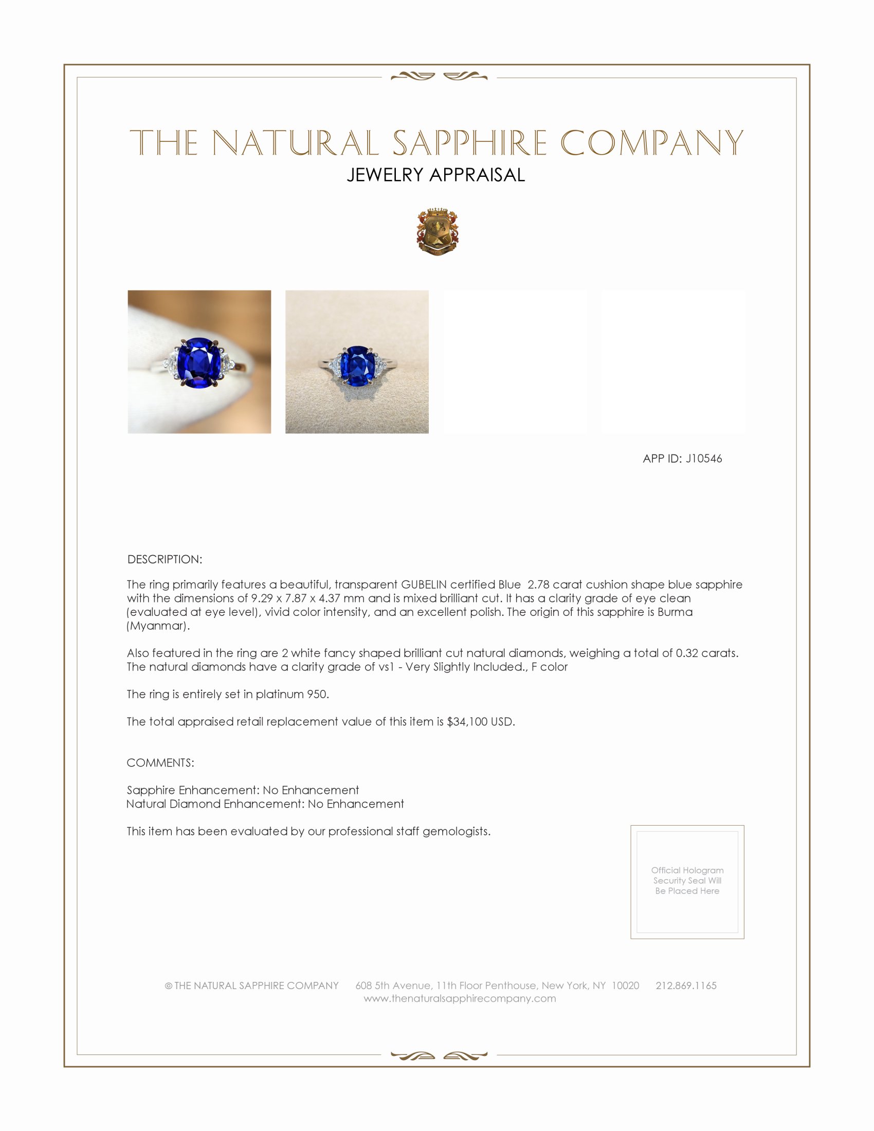 2.78 Ct. Blue Sapphire and Natural Diamond Three Stone Ring, Platinum 950