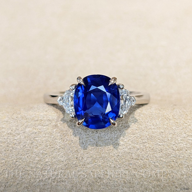 2.78 Ct. Blue Sapphire and Natural Diamond Three Stone Ring, Platinum 950
