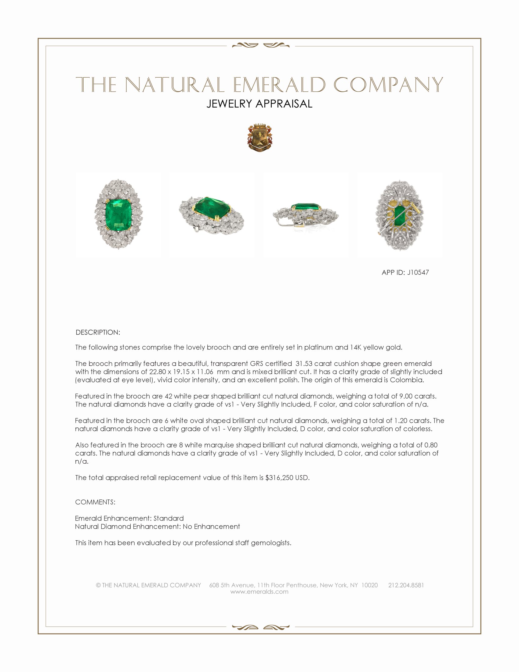 31.53 Ct. Emerald and Natural Diamond Pave Brooch, Platinum & 14K Yellow