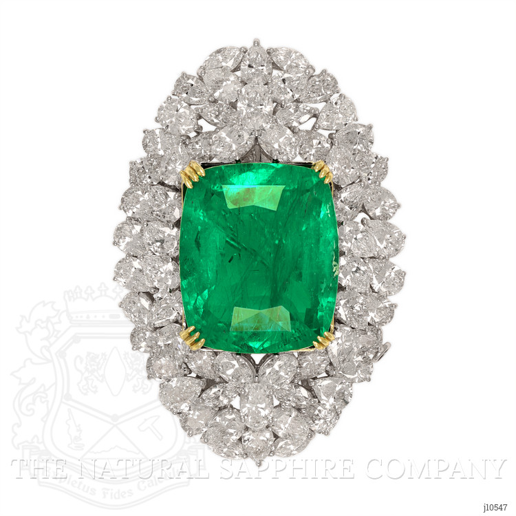 31.53 Ct. Emerald and Natural Diamond Pave Brooch, Platinum & 14K Yellow